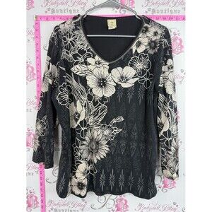 Jess & Jane long sleeve rhinestone Black Floral V-Neck Long Sleeve Top